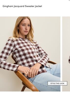 Ann Taylor Brown and White Gingham Jacquard Sweater Jacket
